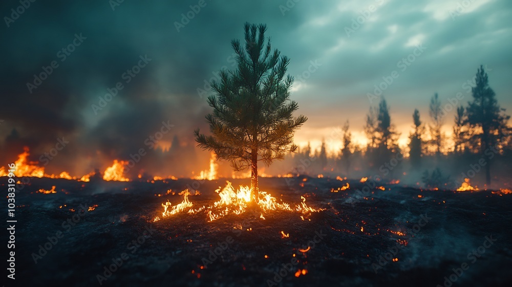Resilient small pine tree standing tall in a charred forest with wildfire flames raging in the background symbolizing survival and hope amidst destruction in a dramatic natural scene Resilient small pine tree standing tall in a charred forest with wildfire flames raging in the background symbolizing survival and hope amidst destruction in a dramatic natural scene