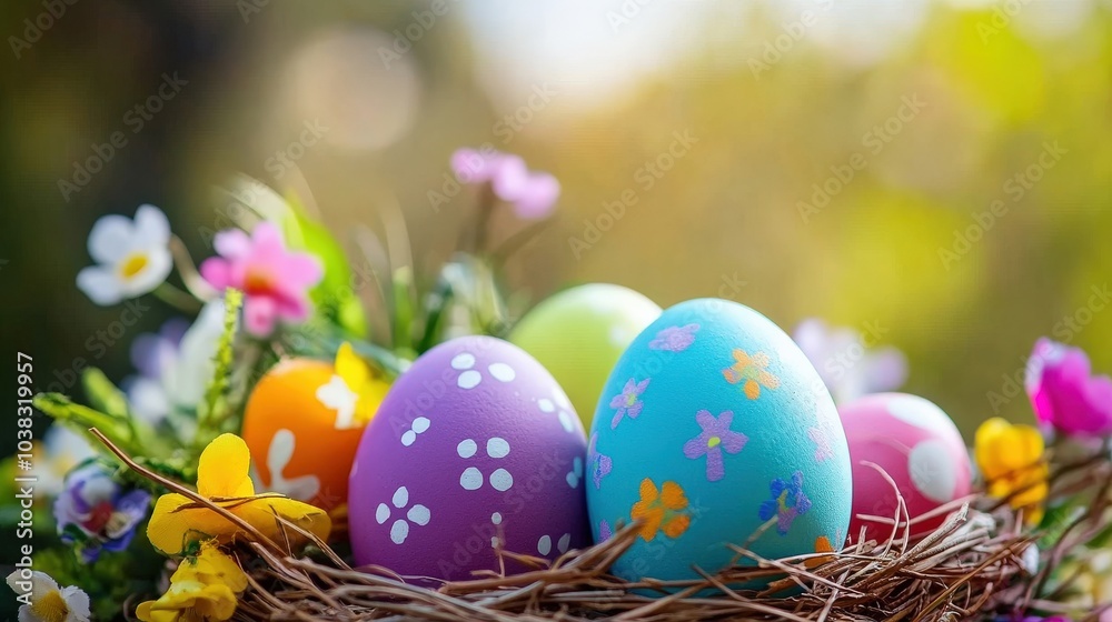 A basket of painted eggs with flowers and a blue egg with a flower on it A basket of painted eggs with flowers and a blue egg with a flower on it