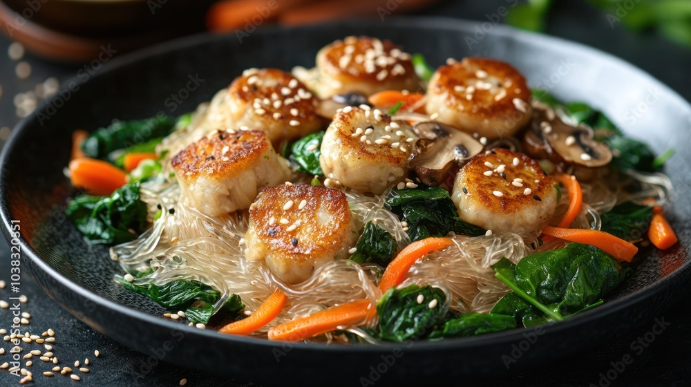 Seared scallops with glass noodles, spinach, carrots, and mushrooms. Seared scallops with glass noodles, spinach, carrots, and mushrooms.