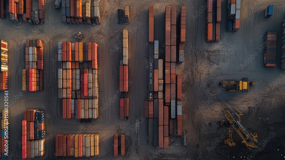 Obraz premium Aerial view of container yard with shipping containers of different sizes, logistics 