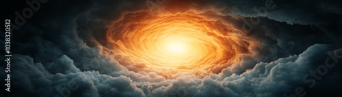 Vibrant cosmic swirl with glowing light amidst dark clouds