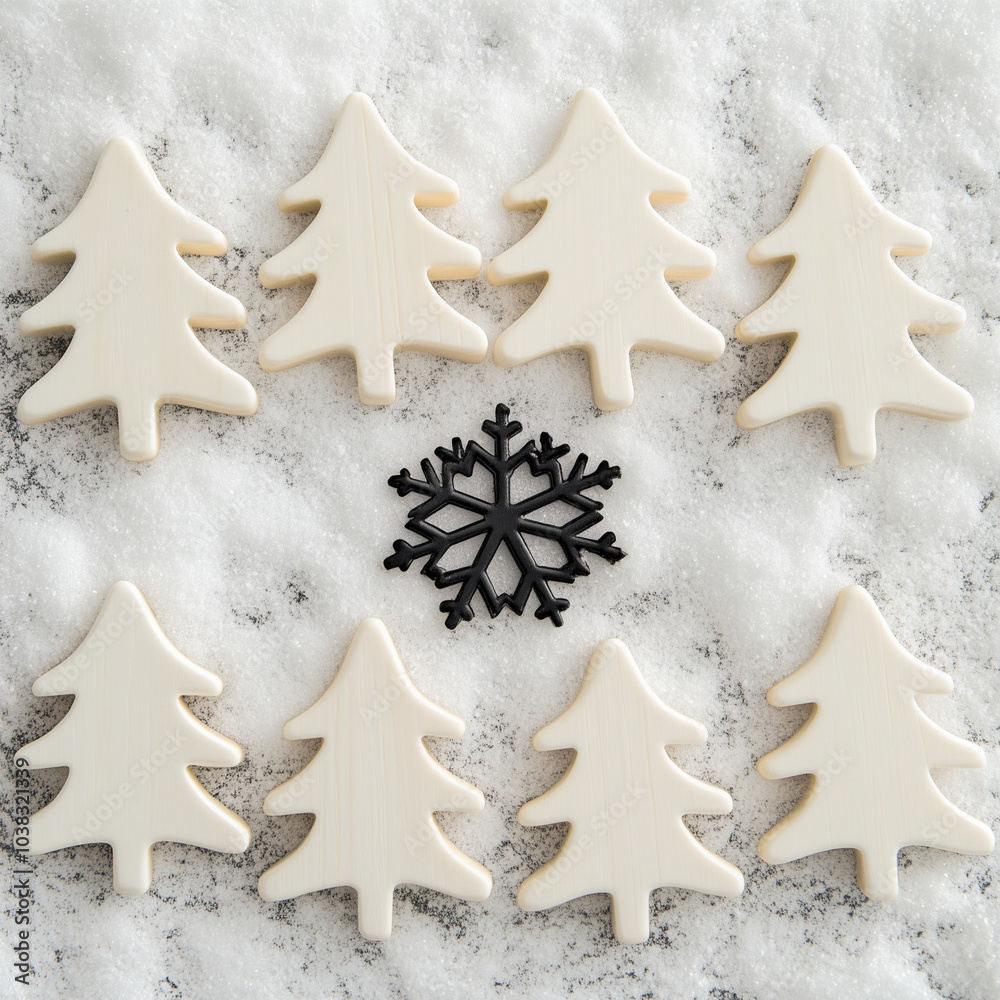 White wooden Christmas trees on a snow background, in black and white.Minimal creative holiday concept.Flat lay White wooden Christmas trees on a snow background, in black and white.Minimal creative holiday concept.Flat lay