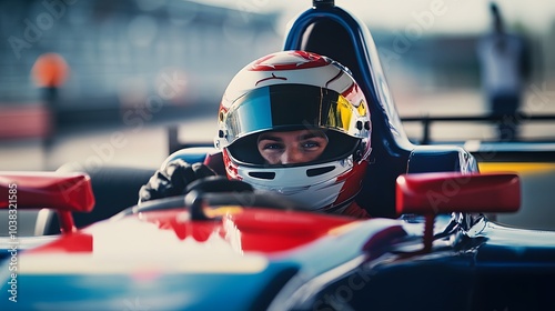 A young woman race car driver smiles behind the wheel, ready for the race. photo