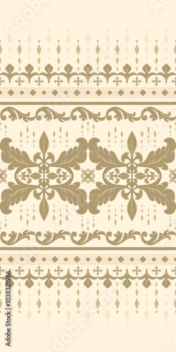 Luxury Gold Embroidery Fleur de Lis Seamless Pattern Vector. Inspired from nature. Leaves, feathers, ornate scroll, wine, diamond, expensive feeling of opulence.