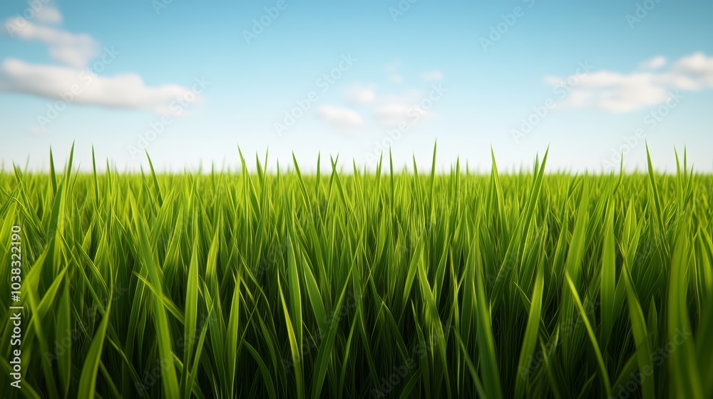 Vibrant green grass blades against a clear blue sky, nature background Vibrant green grass blades against a clear blue sky, nature background