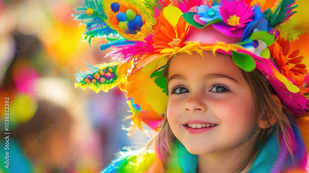 A young girl wearing a colorful flowery hat and a rainbow outfit is smiling A young girl wearing a colorful flowery hat and a rainbow outfit is smiling