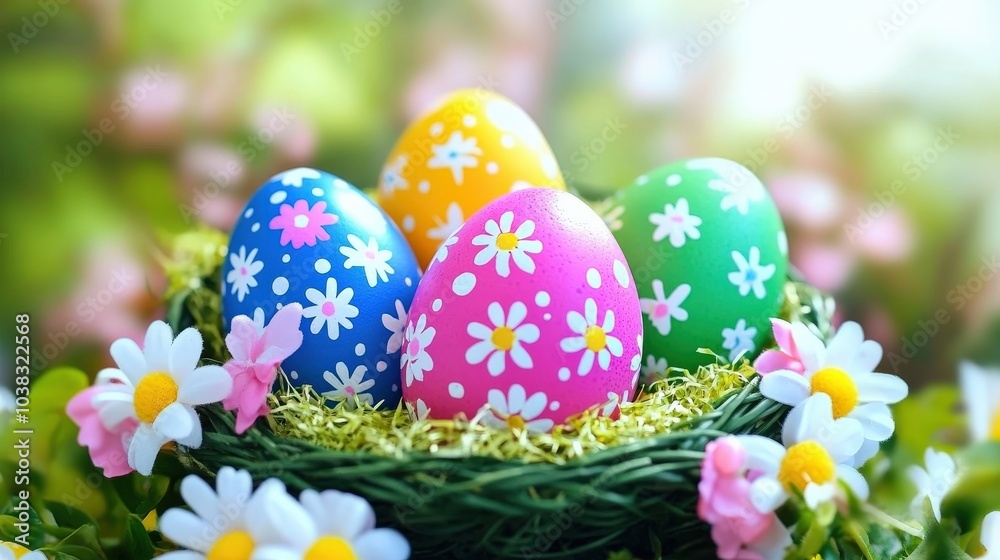 A basket of Easter eggs with flowers and a green basket