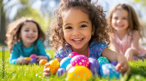 Three young girls are laying on the grass, playing with a bunch of colorful eggs