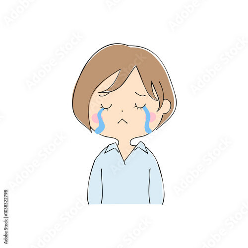 涙を流す若い女性　表情バリエーション_肌色　ペン画風