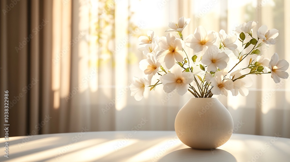 Serene home interior with soft lighting featuring white flowers in a vase on a sleek table The light background creates a peaceful atmosphere perfect for product display and minimalist design Serene home interior with soft lighting featuring white flowers in a vase on a sleek table The light background creates a peaceful atmosphere perfect for product display and minimalist design
