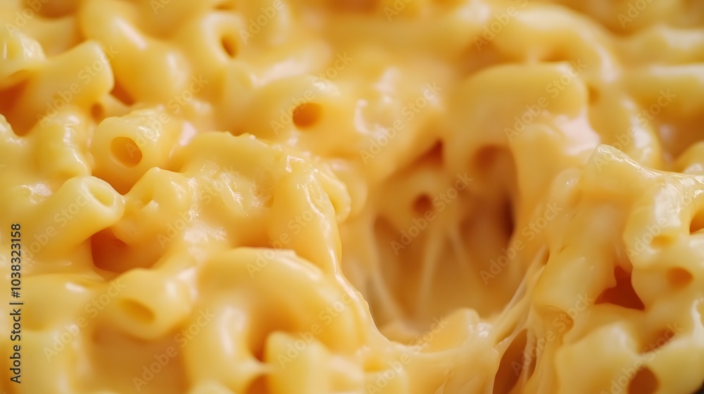 Close-up of creamy macaroni and cheese, showing the stringy cheese. Close-up of creamy macaroni and cheese, showing the stringy cheese.