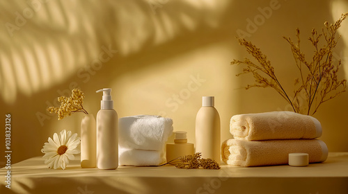 A composition of various hair and body care products, including shampoo bottles, towels, dried flowers photo