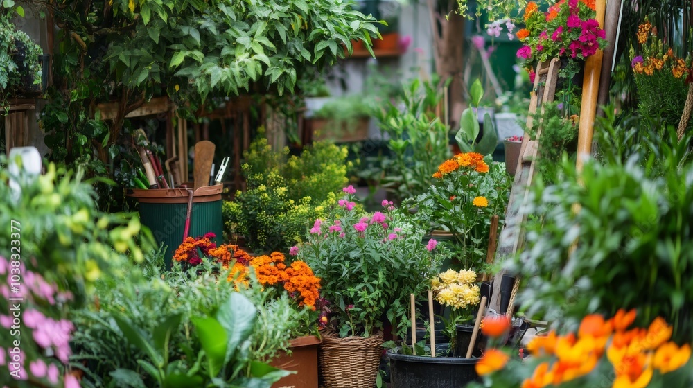 Fototapeta premium A peaceful gardening nursery with gardening tools and blooming flowers, Gardening tools and colorful plants meticulously arranged, Botanical oasis style
