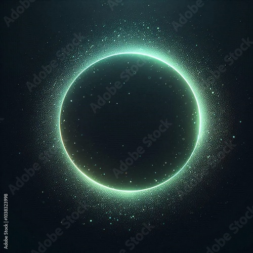 Abstract glowing green ring shape, grainy gradient noise texture on dark background