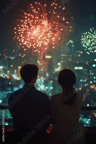 Fireworks are lit up in the night sky above a city