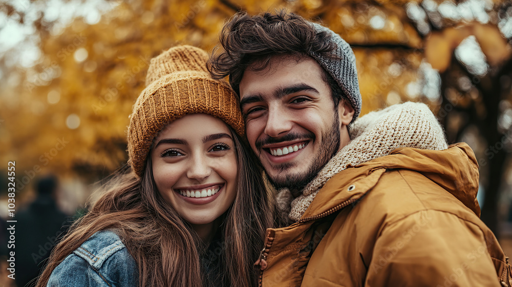 Beautiful young couple in a warm modern clothes in autumn park
