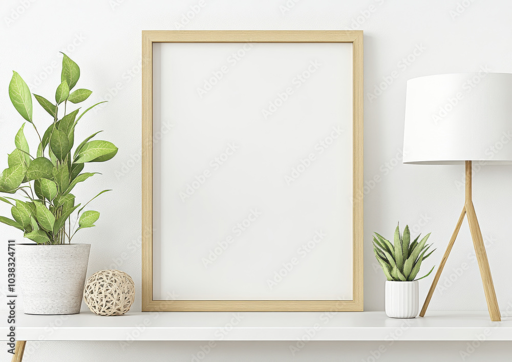 minimalist interior scene featuring blank wooden frame, stylish lamp, and various potted plants. clean design evokes sense of tranquility and modernity minimalist interior scene featuring blank wooden frame, stylish lamp, and various potted plants. clean design evokes sense of tranquility and modernity