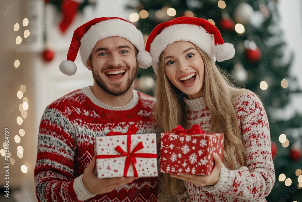 Cute young couple in christmas sweaters and santa hats holding in hands gift box on blurred fir tree lights background Cute young couple in christmas sweaters and santa hats holding in hands gift box on blurred fir tree lights background