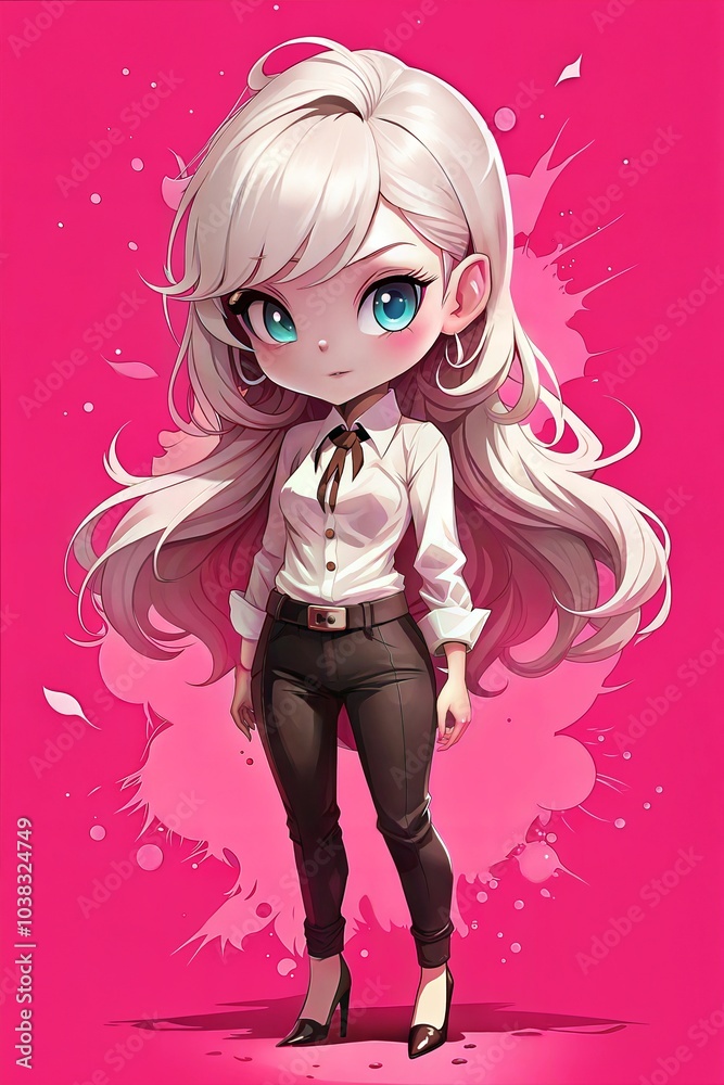A charming character stands confidently with long flowing blonde hair and bright blue eyes, wearing a white shirt and black pants, set against a vivid pink backdrop. Generative AI A charming character stands confidently with long flowing blonde hair and bright blue eyes, wearing a white shirt and black pants, set against a vivid pink backdrop. Generative AI