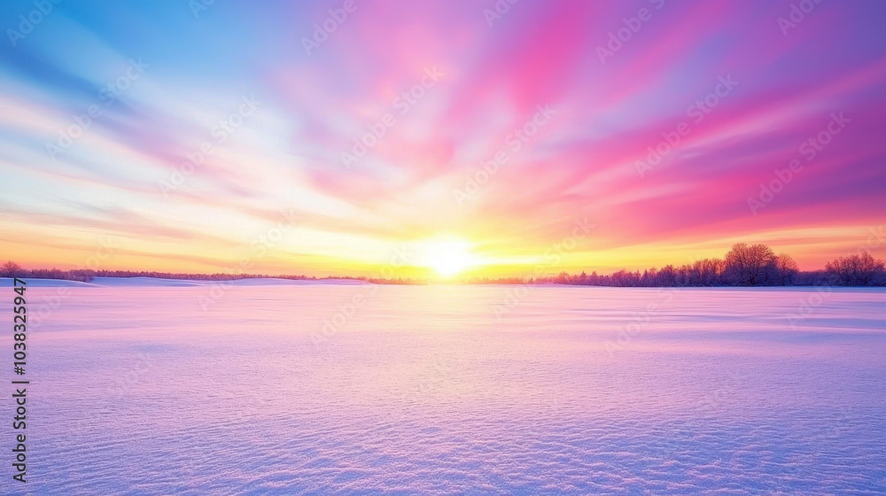 Obraz premium breathtaking winter landscape at sunset, showcasing vibrant sky filled with pink, purple, and orange hues. snow covered ground reflects stunning colors, creating serene and peaceful atmosphere