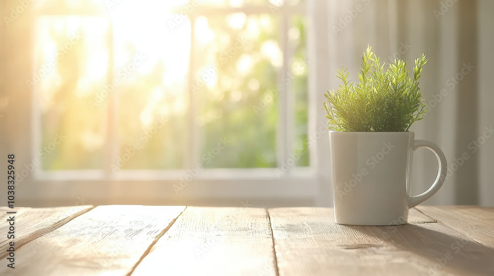 small green plant in white pot sits on wooden table, illuminated by warm sunlight streaming through window, creating serene and inviting atmosphere