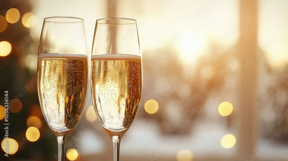 Cheers to celebration with two elegant champagne flutes filled with sparkling drink, set against warm, glowing background. ambiance evokes joy and festivity Cheers to celebration with two elegant champagne flutes filled with sparkling drink, set against warm, glowing background. ambiance evokes joy and festivity