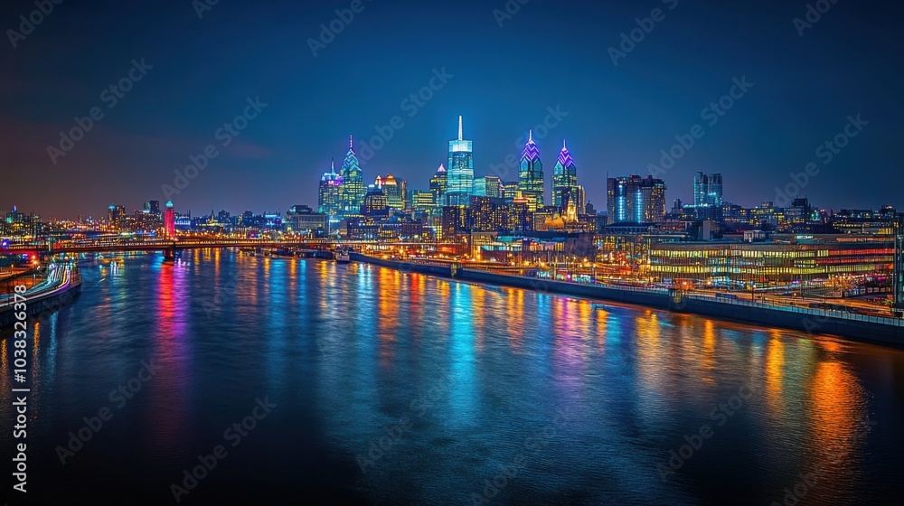 Naklejka premium Majestic Night Skyline of a City with Reflections