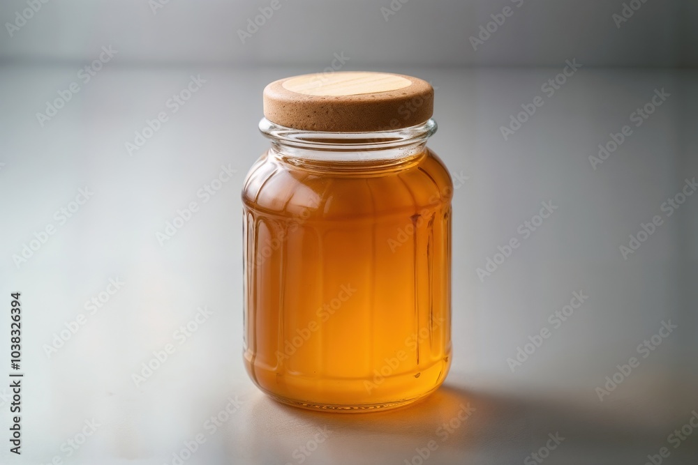 glass jar with bright honey on gray background	