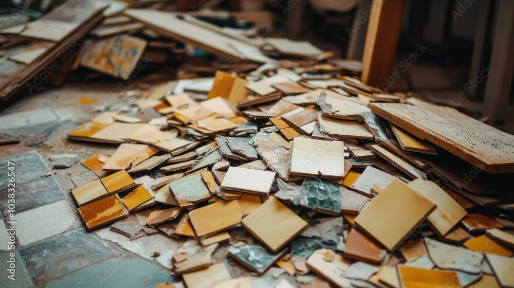 Fototapeta premium A disarray of broken ceramic tiles piled on the floor, likely leftovers from a renovation, showcasing a busy repair site in a kitchen.