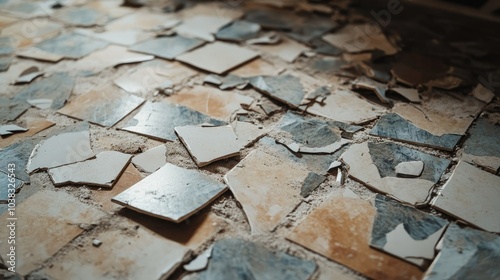 A detailed view of shattered ceramic tiles collected on the floor, indicating the aftermath of a renovation project in an indoor space.