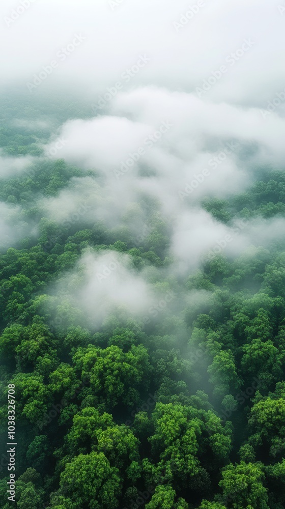 An aerial view of a dense green forest covered in morning mist, creating a dreamy and ethereal scene of nature awakening at dawn. An aerial view of a dense green forest covered in morning mist, creating a dreamy and ethereal scene of nature awakening at dawn.