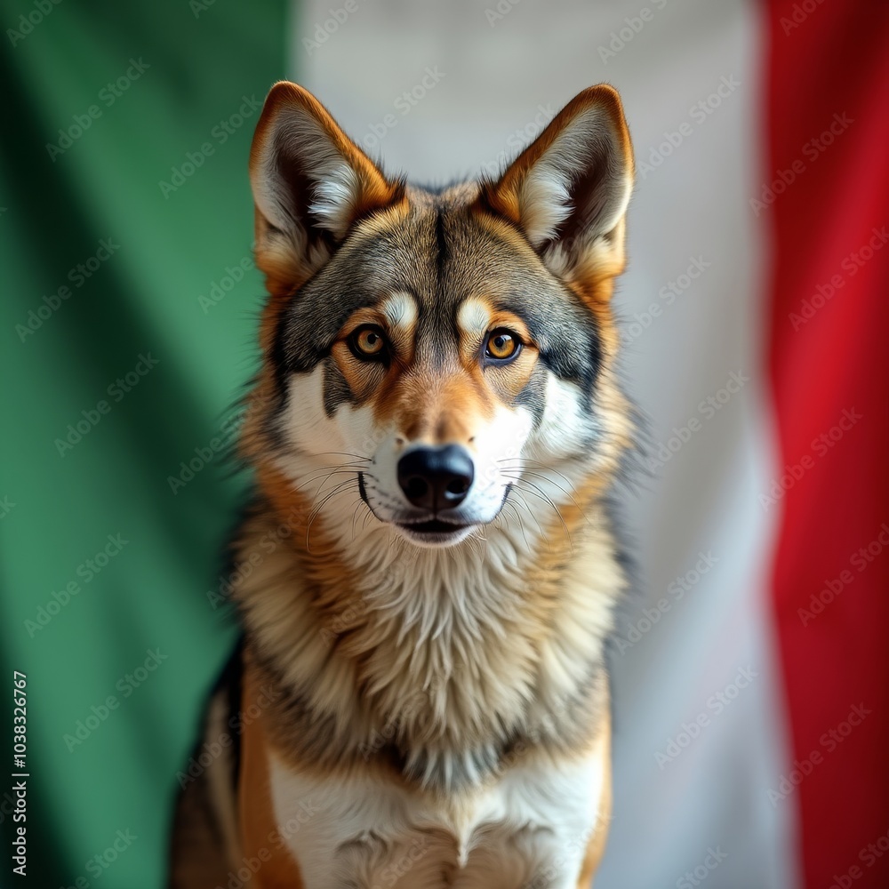 Wolf close-up, colors of Italy flag in background. Animal symbol of country, national pride, celebration concept. Wolf close-up, colors of Italy flag in background. Animal symbol of country, national pride, celebration concept.