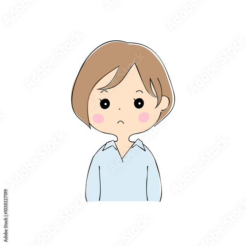 つまらなそうにしている若い女性　表情バリエーション_肌色　ペン画風