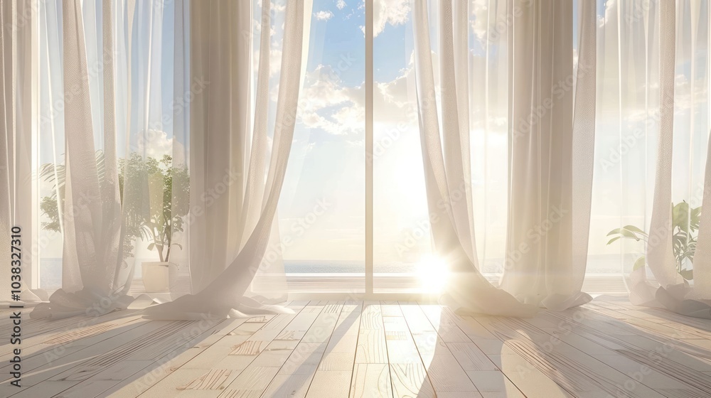 Sunlight streams through sheer curtains in a modern room overlooking a scenic ocean view. Sunlight streams through sheer curtains in a modern room overlooking a scenic ocean view.