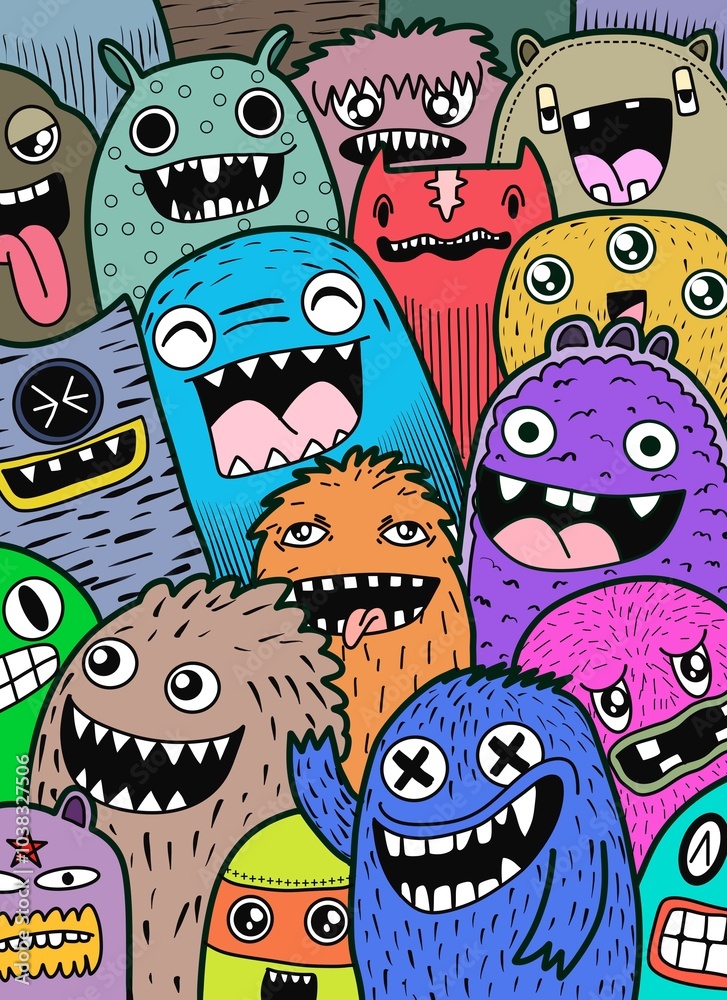 Naklejka premium Hand-drawn illustrations, monsters doodle, Hand Drawn cartoon monster illustration,Cartoon crowd doodle hand-drawn Doodle style.