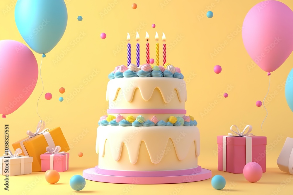 Illustration of tiered birthday cake with party balloons and candles Illustration of tiered birthday cake with party balloons and candles