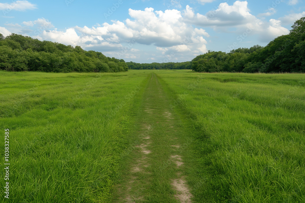 landscape with path in austria, straight grassy trail through green meadows surrounded by lush forest, blue sky with fluffy clouds, photorealistic landscape with path in austria, straight grassy trail through green meadows surrounded by lush forest, blue sky with fluffy clouds, photorealistic