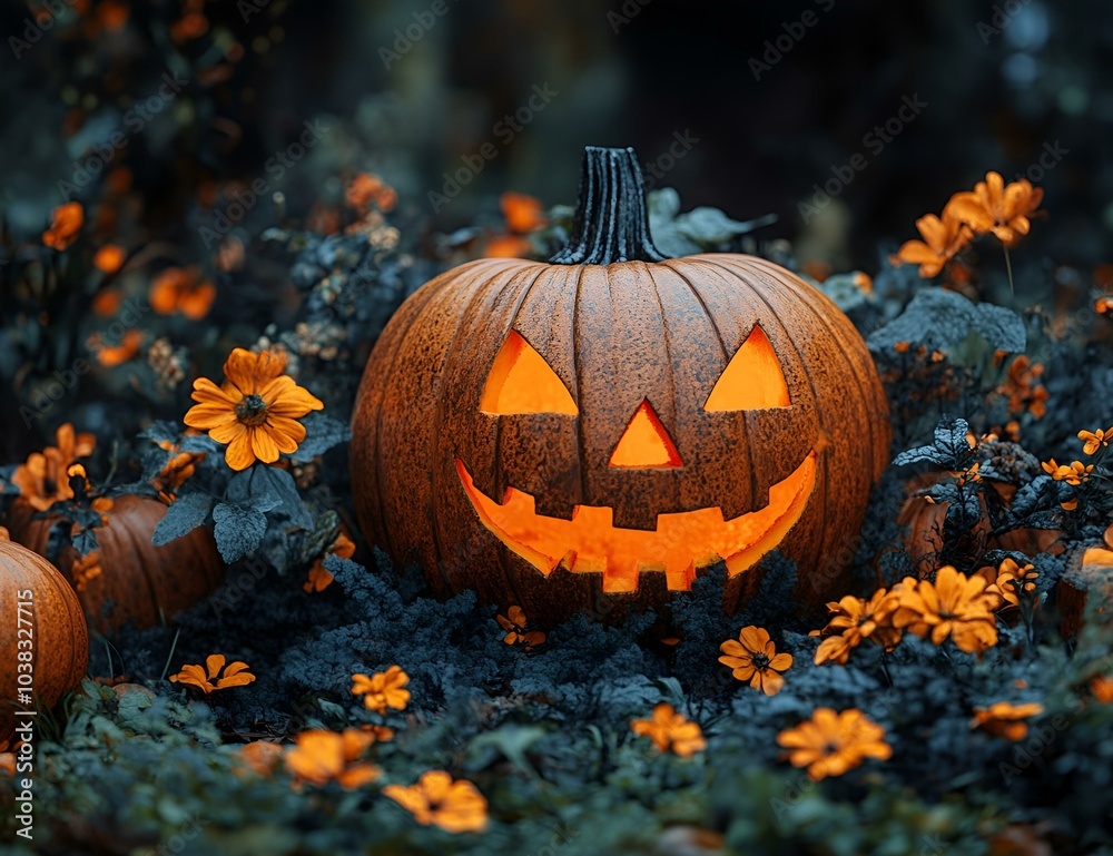 Fototapeta premium a pumpkin with a face carved out of it