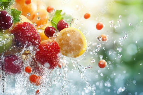 Fresh fruits splashing into water with vibrant colors in a bright, natural setting