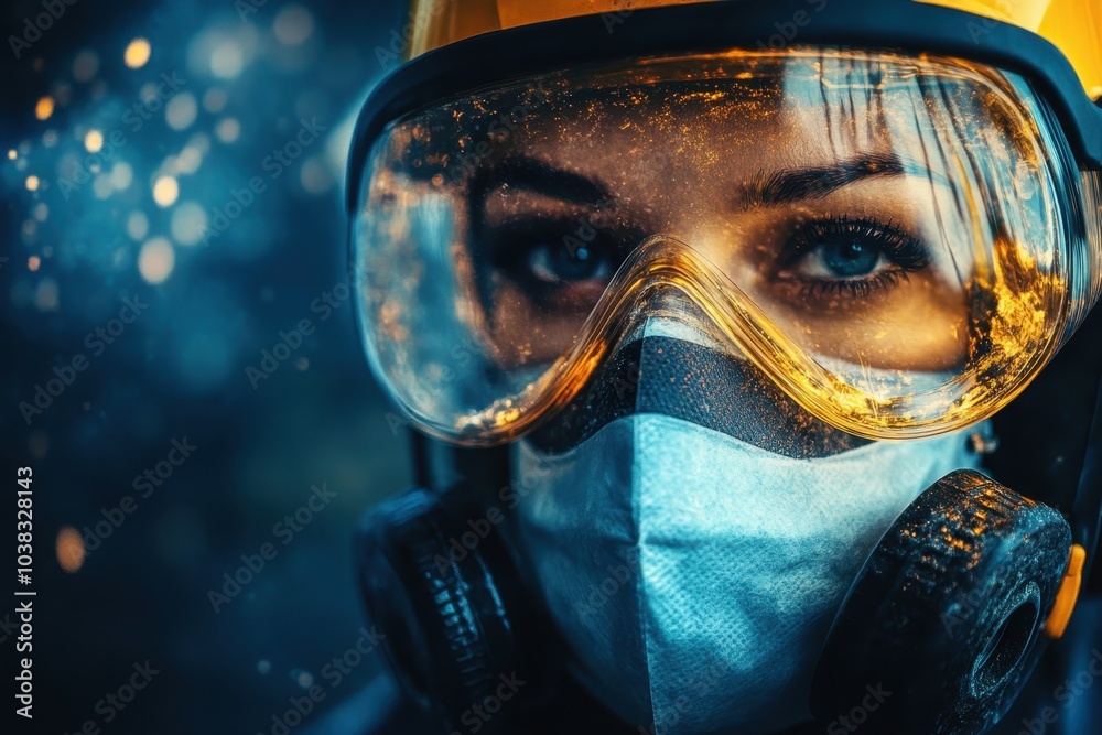 A close-up of a masked individual wearing safety gear in a dimly lit environment