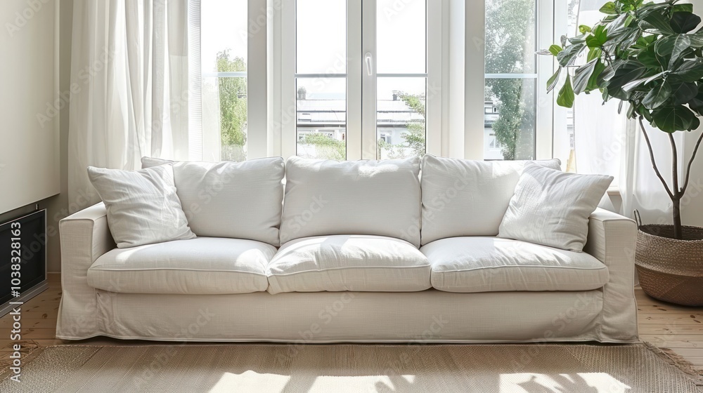 Fototapeta premium White sofa with large cushions in a modern living room with wooden floor and large window with curtains.