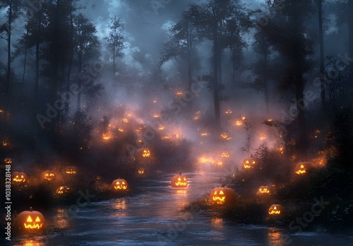 a river with pumpkins on it