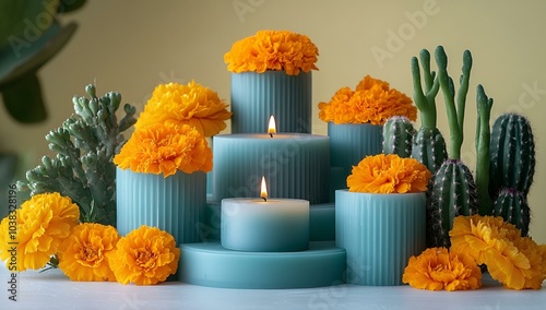 a group of blue candles and flowers