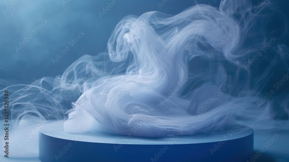 Obraz premium Abstract smoke swirls on a blue platform against a blue background.