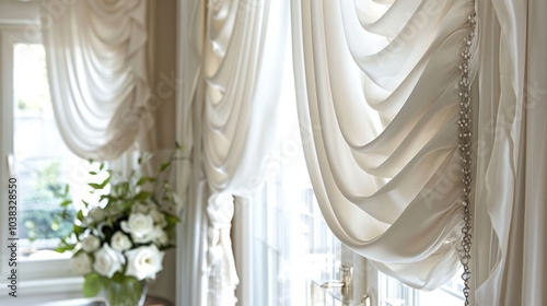 Wallpaper Mural Elegant white curtains with a beaded trim, framing a window. Torontodigital.ca