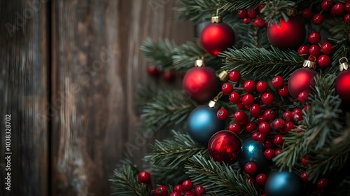 Christmas Ornaments and Berries on Evergreen Branch