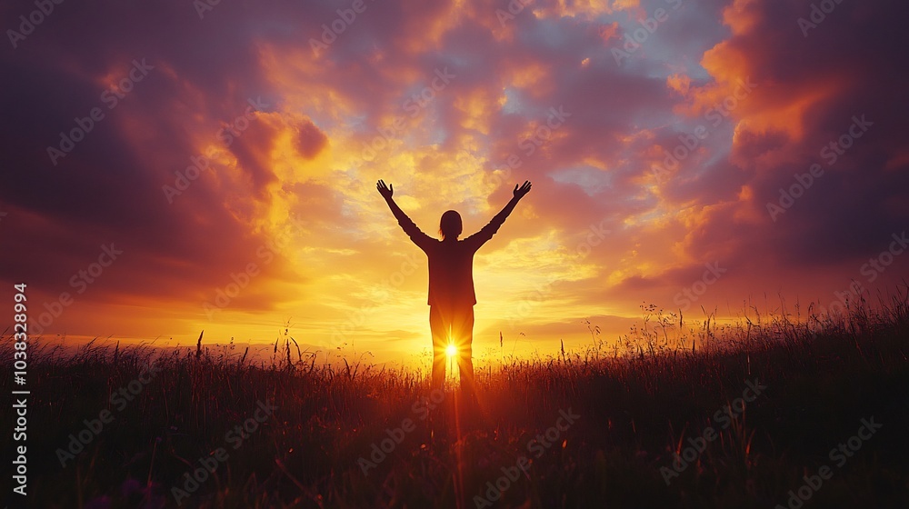 Silhouette of a person raising their hands towards a glowing sunset the sky painted with warm orange and purple hues symbolizing faith and devotion in a serene Christian concept scene Silhouette of a person raising their hands towards a glowing sunset the sky painted with warm orange and purple hues symbolizing faith and devotion in a serene Christian concept scene