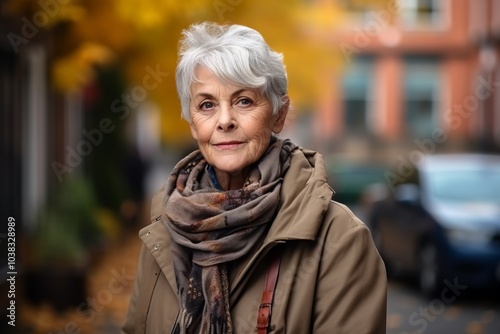 Portrait of a happy senior woman on the street in autumn time