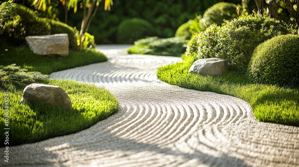 Fototapeta premium A peaceful meditation garden with zen tools and tranquil pathways, Meditation tools and lush greenery meticulously arranged, Zen garden style