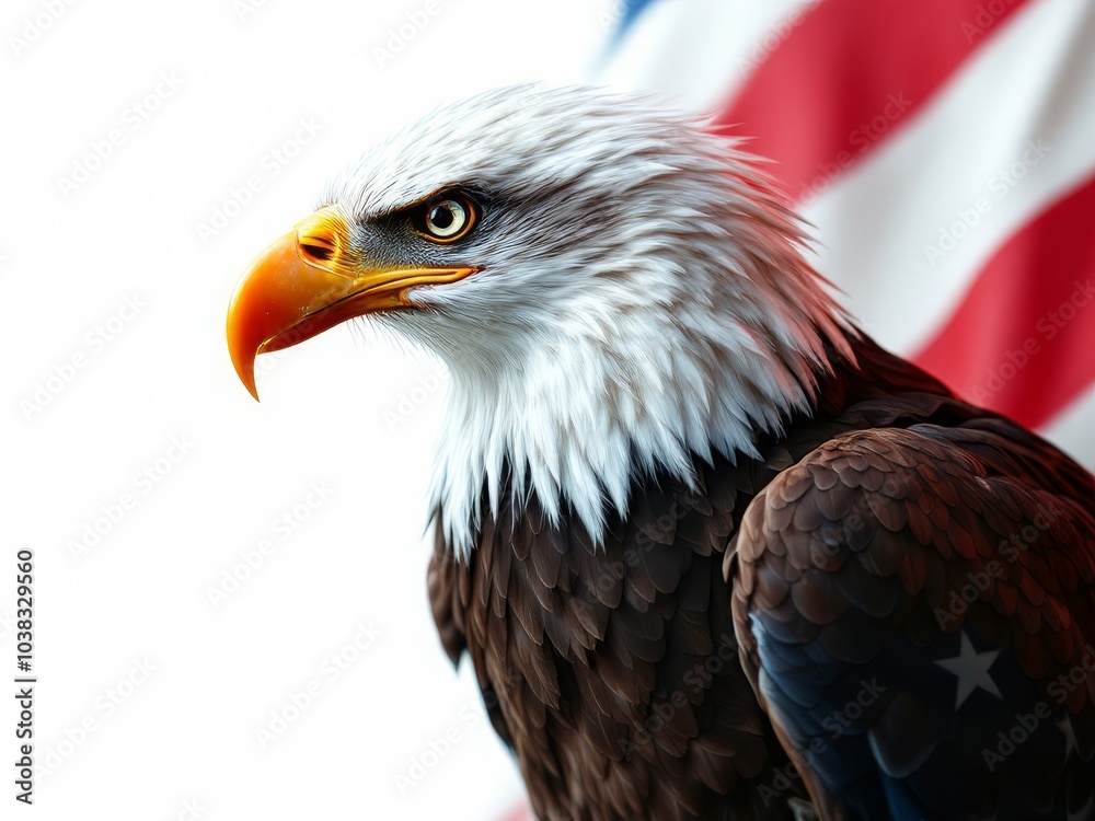 Obraz premium Bald eagle on the background of american flag. Animal symbol of country, patriotism, national pride, celebration concept.
